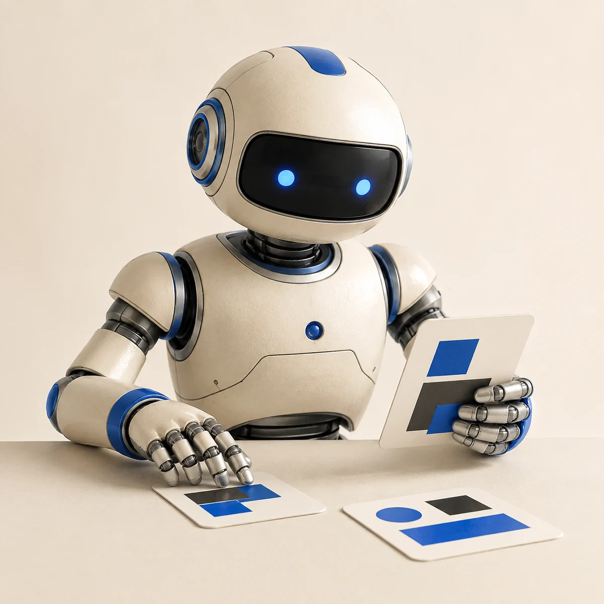 A friendly cream and cobalt robot at a learning workbench.